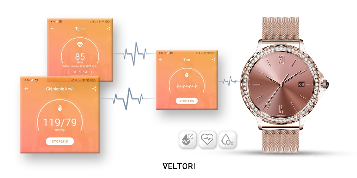 Smartwatch Damski VELTORI VT320-1 Złota Bransoleta + Różowy Pasek Silikonowy