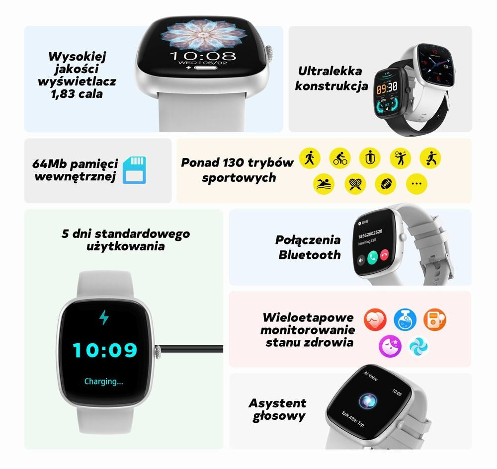 Smartwatch Damski GRAVITY GT18-2 Różowy Pasek Silikonowy + Biały Pasek