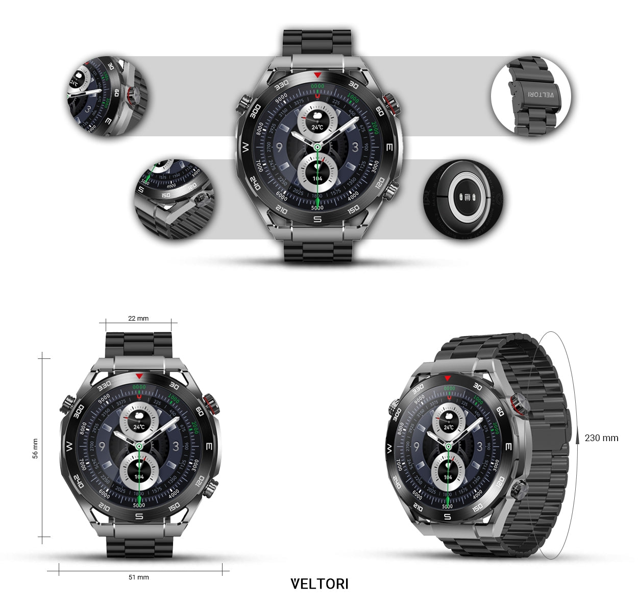 Smartwatch VELTORI VT100-1 + Czarny Pasek Silikonowy + Czarny Eko Skóra