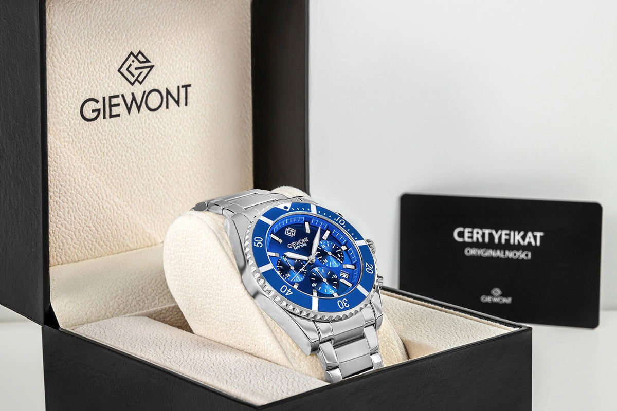 Zegarek Męski Giewont Chronograph Sapphire Srebrno Niebieski GW3970-B3